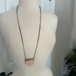 Blush Pink Fringe Pendant Necklace with gray crystal chain. Sparkly and longer